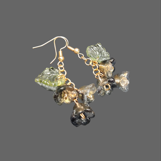 Black Glass Lily of Valley Gold Plated Earrings