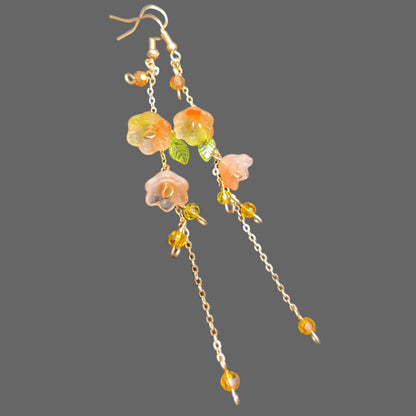 (Yellow Orange) Glass Lily of Valley Gold Plated Earrings