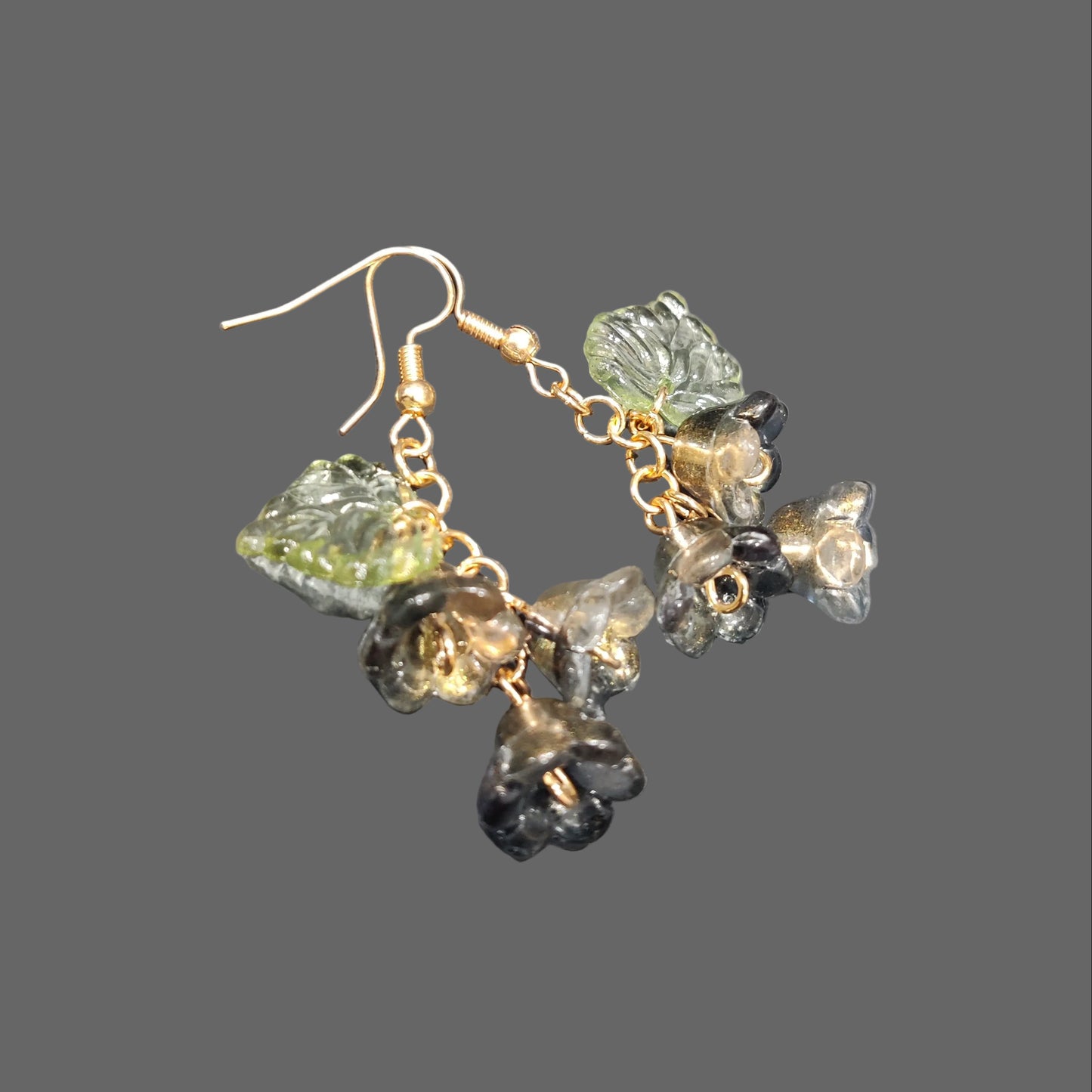 Black Glass Lily of Valley Gold Plated Earrings