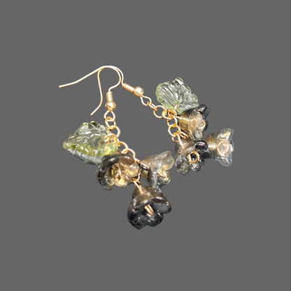 Black Glass Lily of Valley Gold Plated Earrings