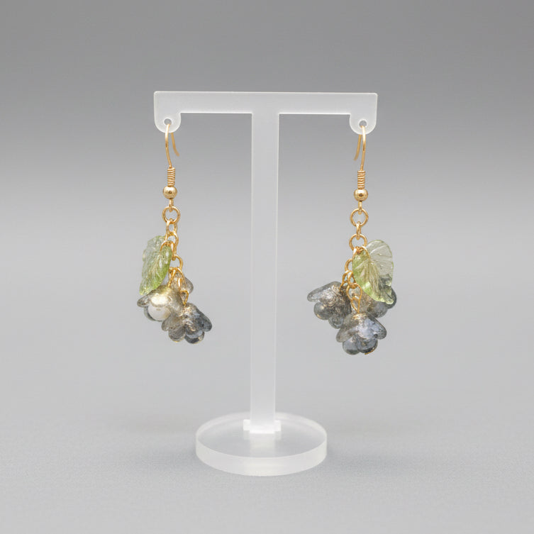 Black Glass Lily of Valley Gold Plated Earrings